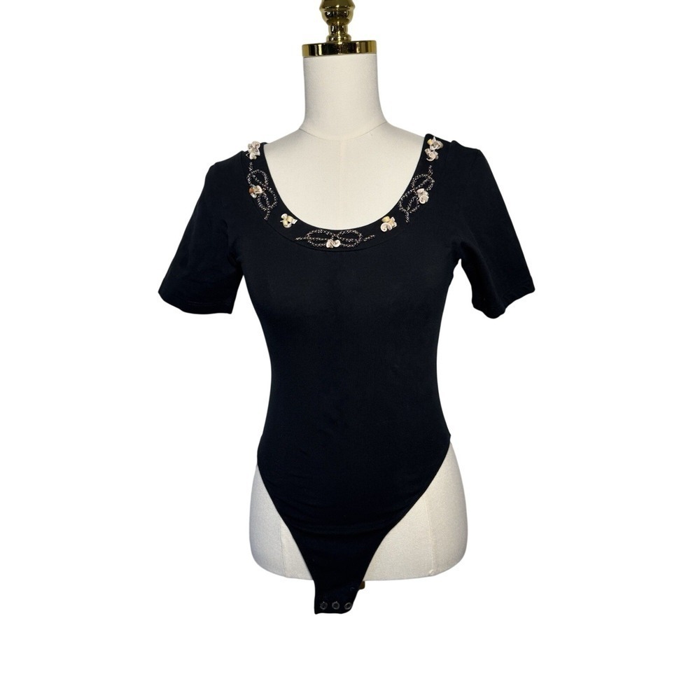 Castilioni Italy Black Ribbed Bodysuit Floral Sequin Scoop Neck Womens 42 Medium